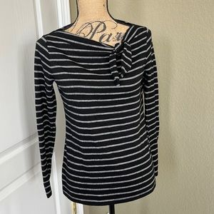 Ann Taylor Loft Black and White Stripe Bow Neck Long Sleeve Shirt